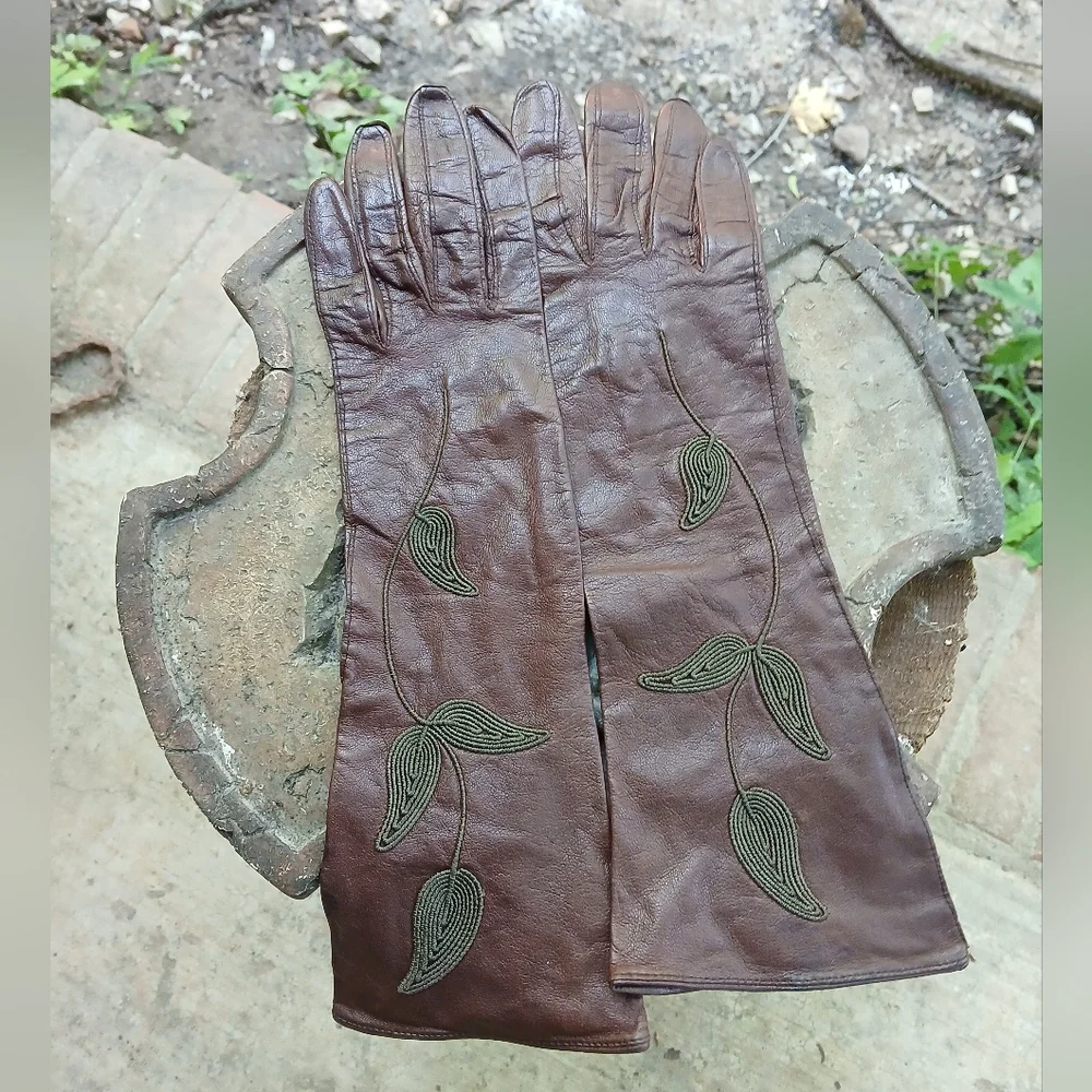 Almondized BEAUTYSKIN, brown leather‎ gloves. Women's Sz.7(S).Vintage